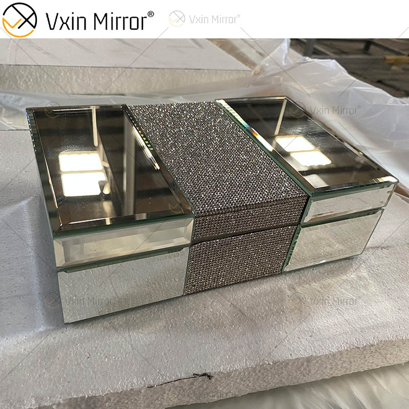 مرآة Vxin WXJB-002 فضية أنيقة زجاج كريستال مرآة صندوق مجوهرات مرآة صندوق مناديل