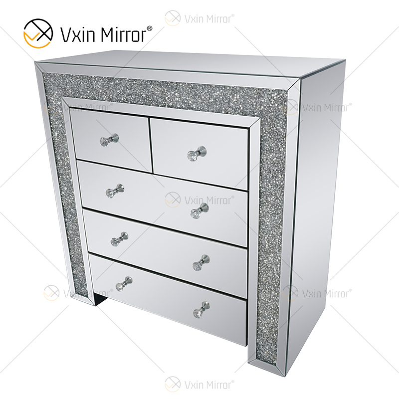 خزانة بجانب السرير من Vxin فضية عاكسة من الماس المكسر مع 5 أدراج