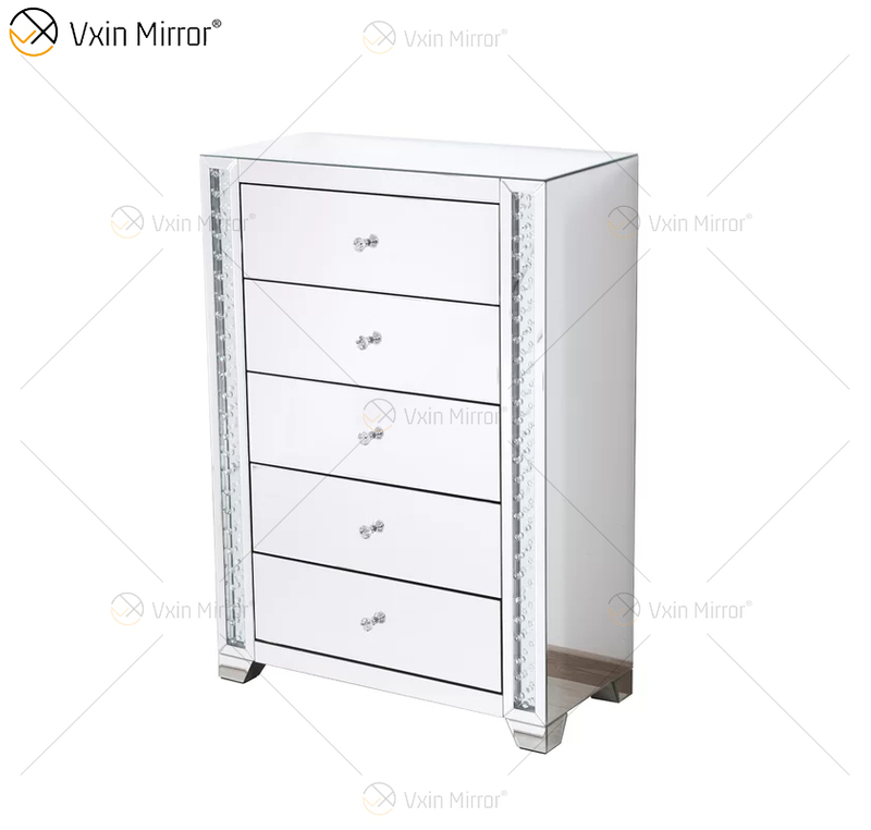 Vxin Crystal Decor WXF-746 طاولة سرير كريستال تالبوي فضية مع خمسة أدراج لغرفة النوم