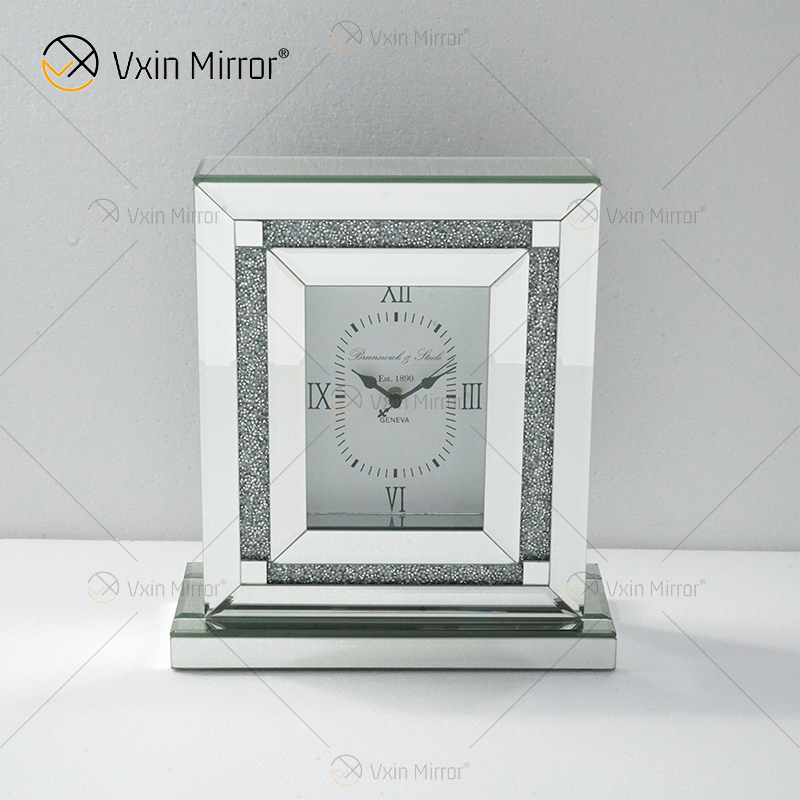 مصنع تصميم جديد WXMC-080 كريستال فضي مرآة مستطيل ساعة الطاولة