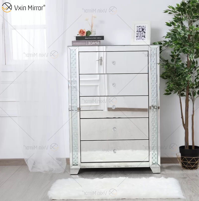 Vxin Crystal Decor WXF-746 طاولة سرير كريستال تالبوي فضية مع خمسة أدراج لغرفة النوم