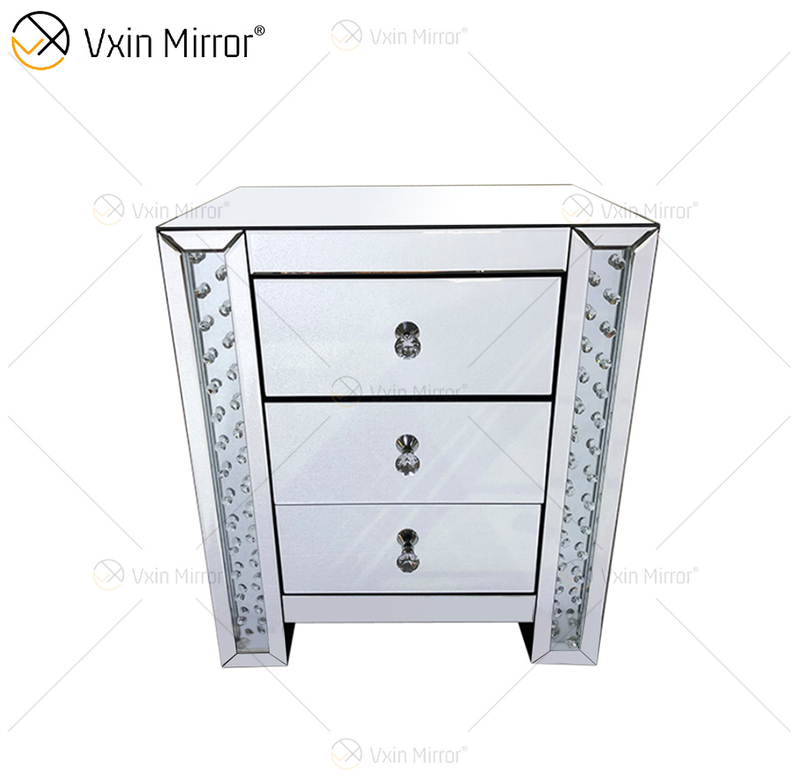Vxin Crystal Decor WXF-274 Silver Tallboy Crystal Mirror طاولة بجانب السرير مع 3 أدراج منضدة مرآة