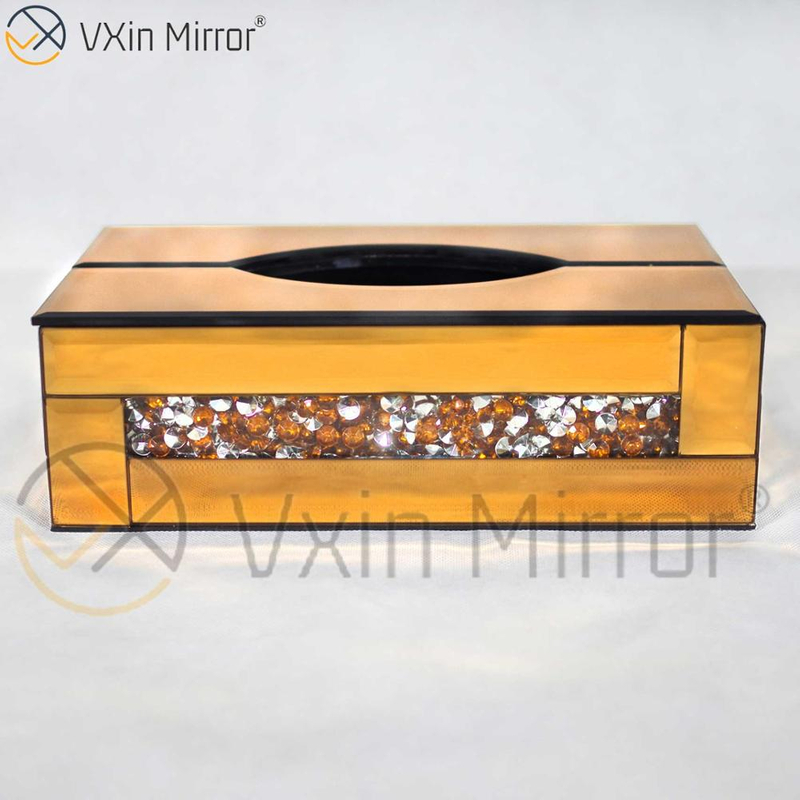 مرآة Vxin WXB-001 صندوق مناديل مرآة زجاجية فاخرة بنية اللون مكسو بالماس