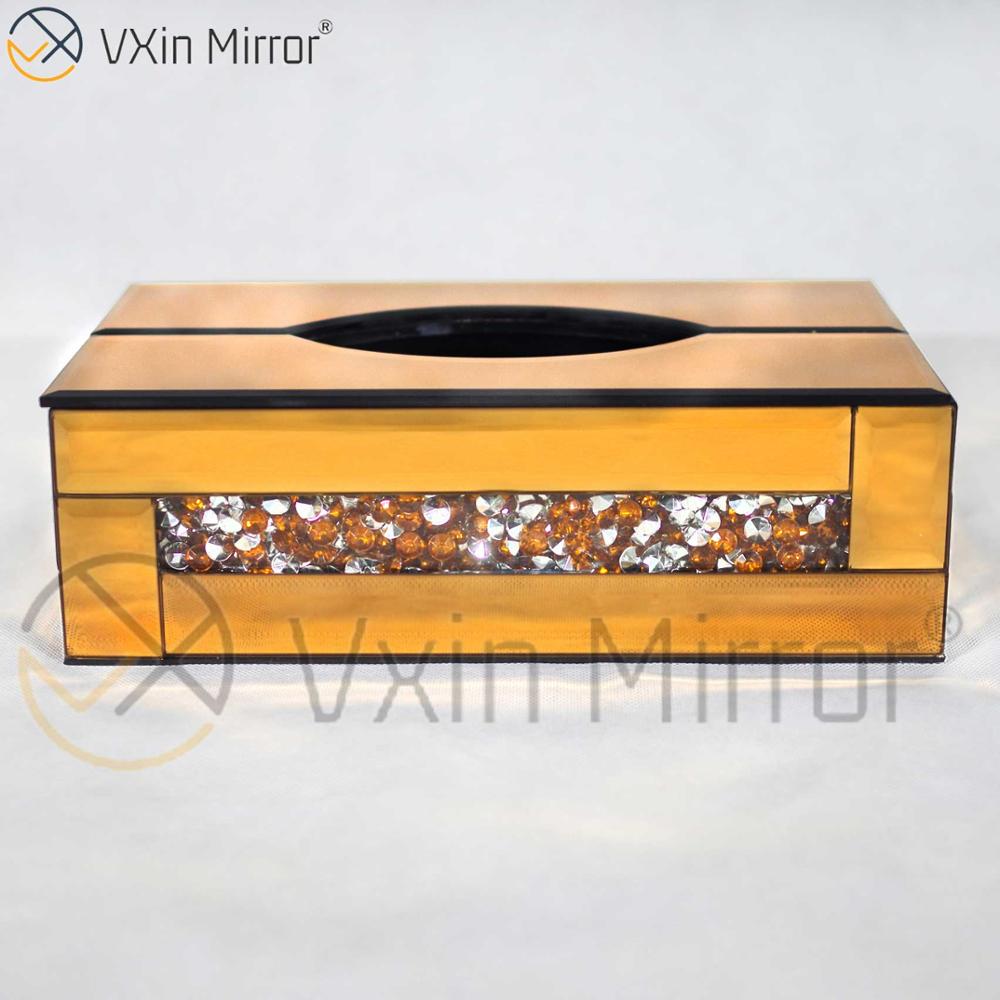 مرآة Vxin WXB-001 صندوق مناديل مرآة زجاجية فاخرة بنية اللون مكسو بالماس