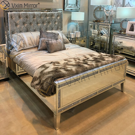 أثاث مرآة WXWF-698 رخيص على سرير بطراز حديث باللون الفضي والأسود