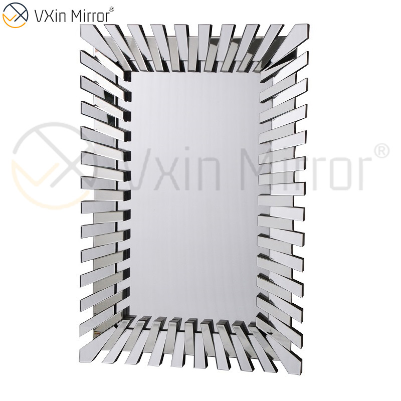 Starburst كبير كامل الطول فضي أنيق ثلاثية الأبعاد مستطيلة حديثة لغرفة المعيشة وغرفة النوم مرآة حائط WXM-1041