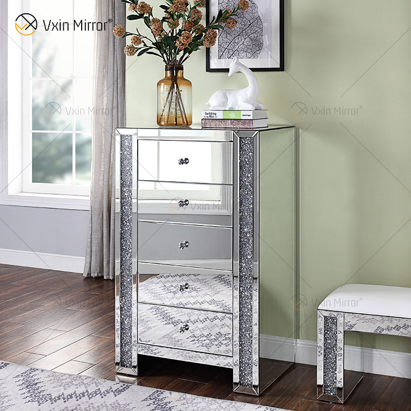 أوروبا الحديثة WXF-719 خمسة أدراج عربة أطفال فضية مكسورة إطار ماسي bedsideTable معكوسة طاولة بجانب السرير