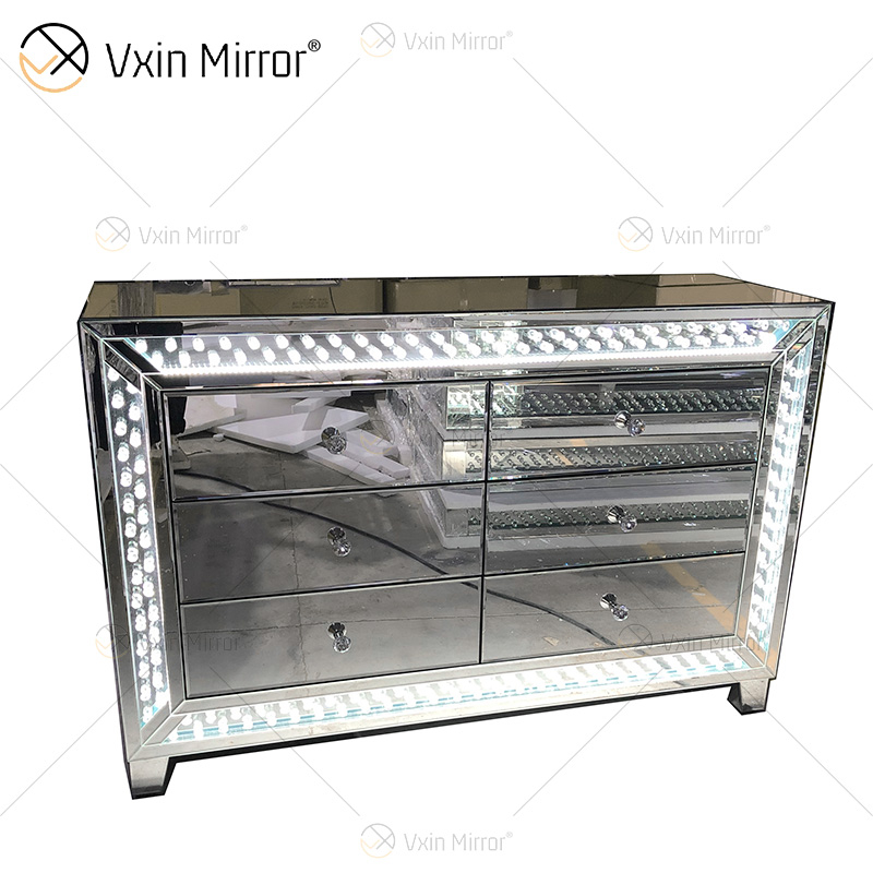 WXM-1176 & WXF-2139 LED أثاث مجموعة مثمنة الخرز موضة بسيطة مرآة لوضع مساحيق التجميل خزانة 6 أدراج