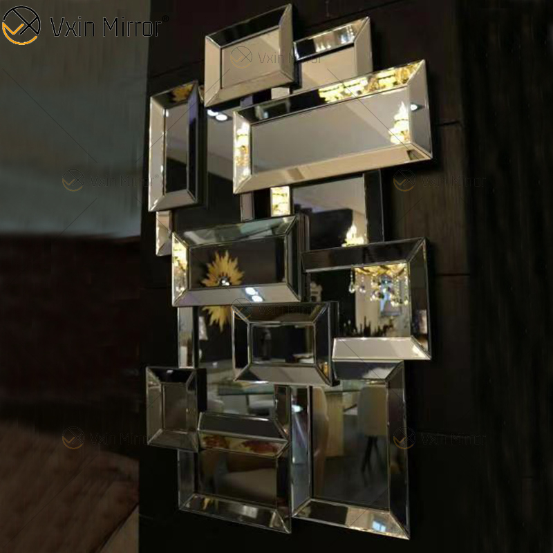 توريد مصنع 3d مرآة الحائط ملصقا تصميم WXM-1129 الفضة يتوهم الجدار خلع الملابس مرآة خشبية