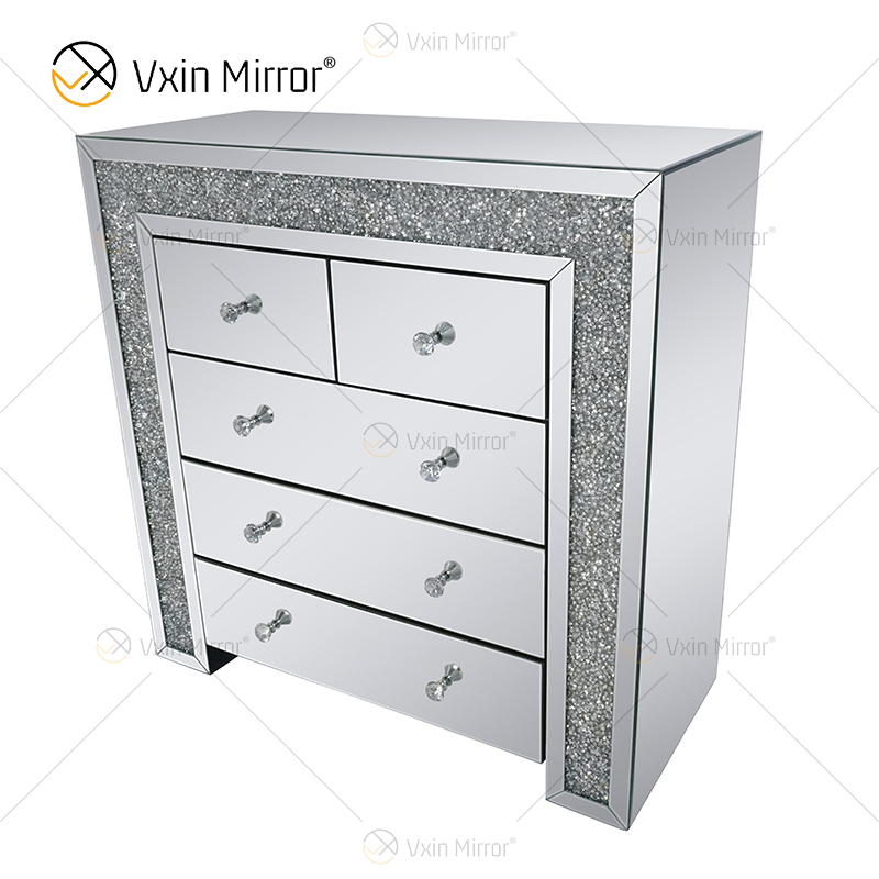 خزانة بجانب السرير من Vxin فضية عاكسة من الماس المكسر مع 5 أدراج