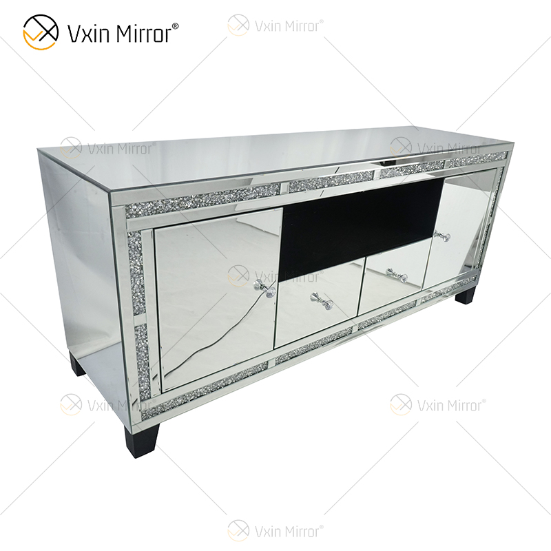 Vxin Mirror Furniture سحق الماس الفضي تلفزيون خزانة حامل تلفزيون بمرآة مع درجين