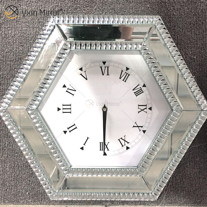 رائجة البيع الحديثة ساعة معكوسة الفضة مسدس مرآة ساعة سحق الماس الديكور مرآة ساعة حائط