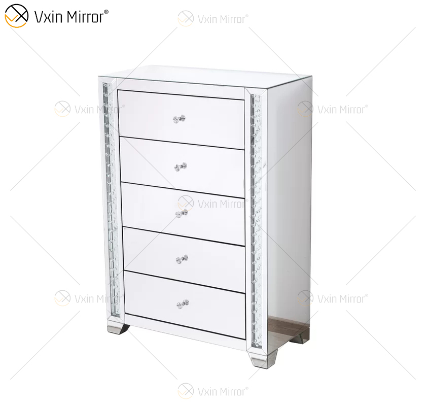 Vxin Crystal Decor WXF-746 طاولة سرير كريستال تالبوي فضية مع خمسة أدراج لغرفة النوم