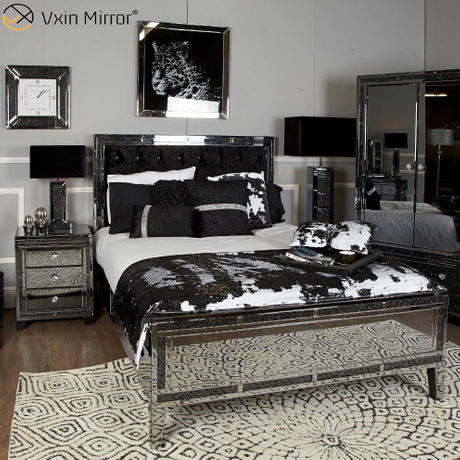 Vxin Mirror Furniture WXWF-698-1 إطار أسود بسرير كينج عاكس فضي