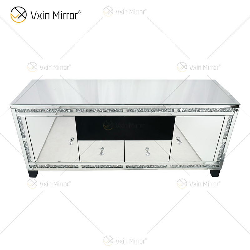 Vxin Mirror Furniture سحق الماس الفضي تلفزيون خزانة حامل تلفزيون بمرآة مع درجين