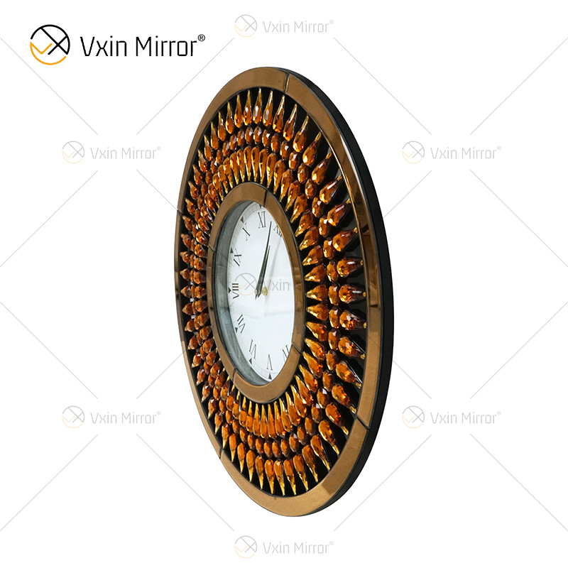 حار بيع الفضة WXC-071 كريستال الذهبي براون مرآة ساعة الحائط الحديثة