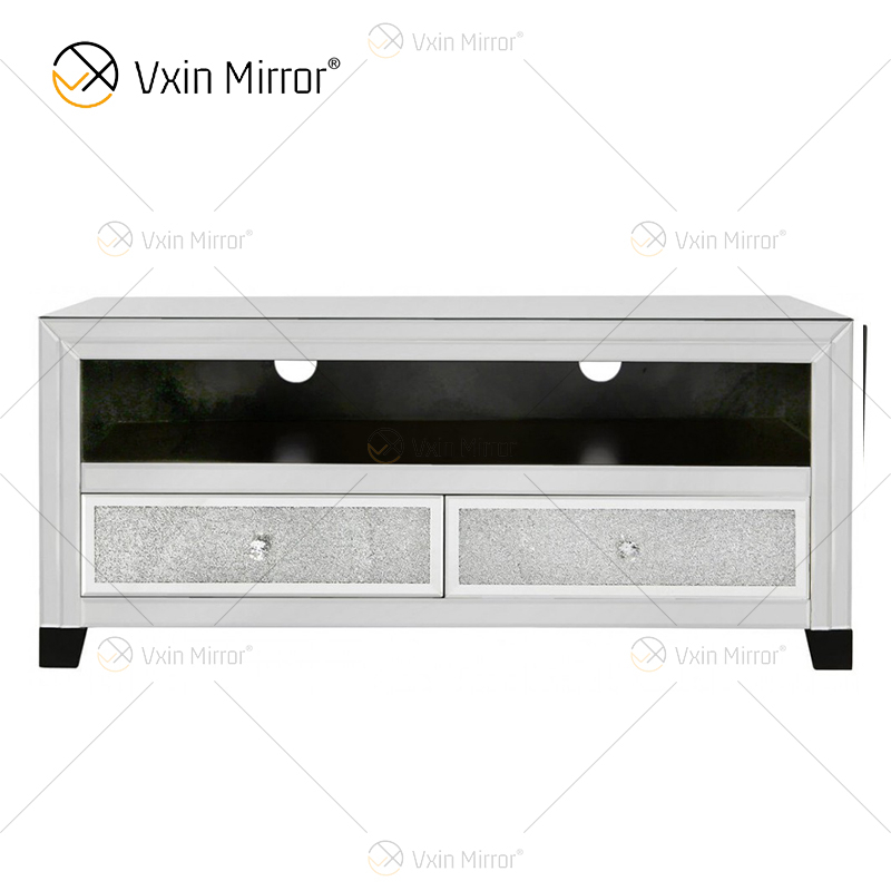 خزانة تلفاز فضية من Vxin Mirror Furniture مع درجين من الماس المكسر