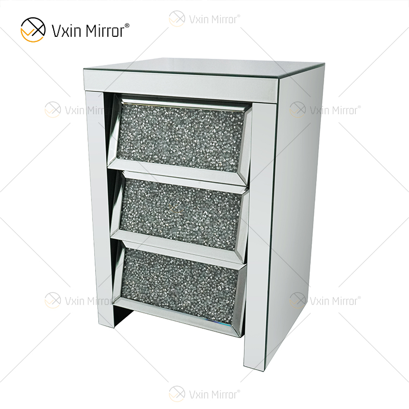 Vxin Mirror WXF-116 فضية كريستال منضدة جانبية مشطوفة بمرآة مع 3 أدراج لغرفة النوم
