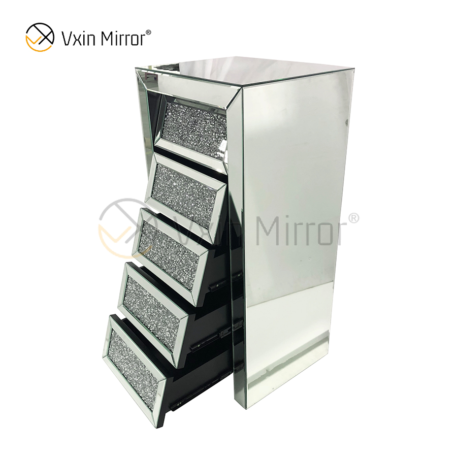 Vxin مرآة فضية مطحونة WXWF-707 Diamon منضدة مشطوفة طاولة بجانب السرير مع 5 أدراج وطاولة سرير معكوسة