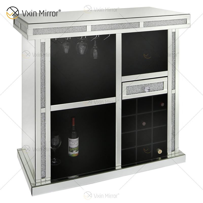 Vxin Home Decor WXF-142 خزانة نبيذ طويلة فضية مرصعة بالماس المكسر مع أدراج واحدة