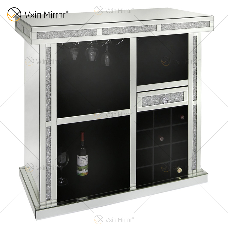 Vxin Home Decor WXF-142 خزانة نبيذ طويلة فضية مرصعة بالماس المكسر مع أدراج واحدة