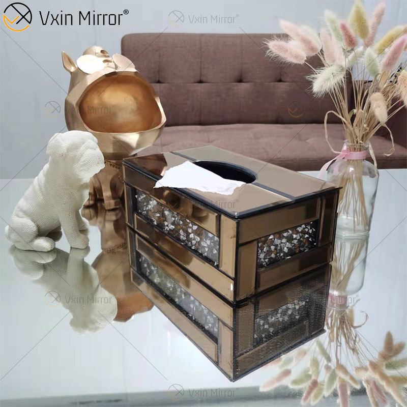 مرآة Vxin WXB-001 صندوق مناديل مرآة زجاجية فاخرة بنية اللون مكسو بالماس