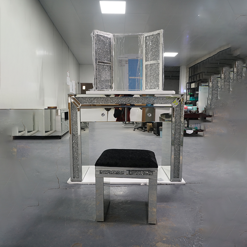 رائجة البيع تصاميم حديثة لغرفة النوم منضدة الزينة مع مرآة ومقعد فضية فاخرة منضدة الزينة