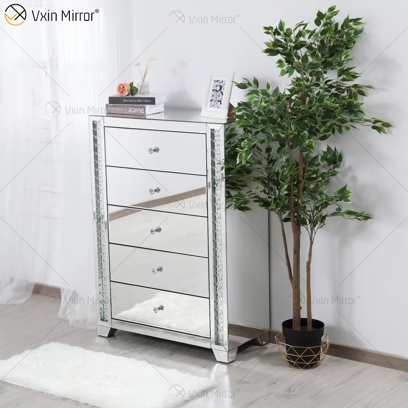 Vxin Crystal Decor WXF-746 طاولة سرير كريستال تالبوي فضية مع خمسة أدراج لغرفة النوم