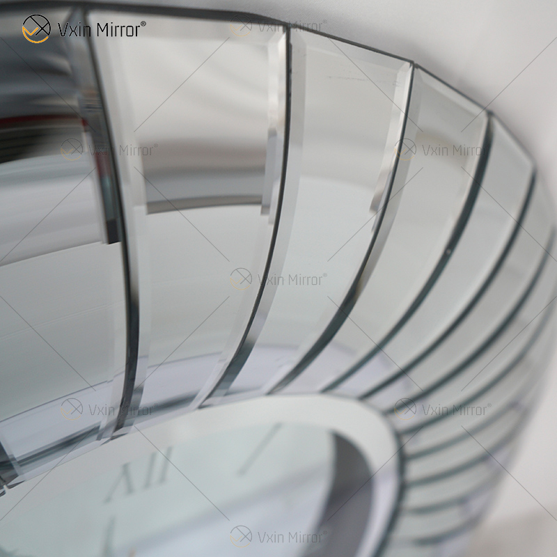 ساعة معكوسة WXMC-087 فضية منحنية لتزيين الحائط ثلاثية الأبعاد ساعة كريستال مستديرة أنيقة