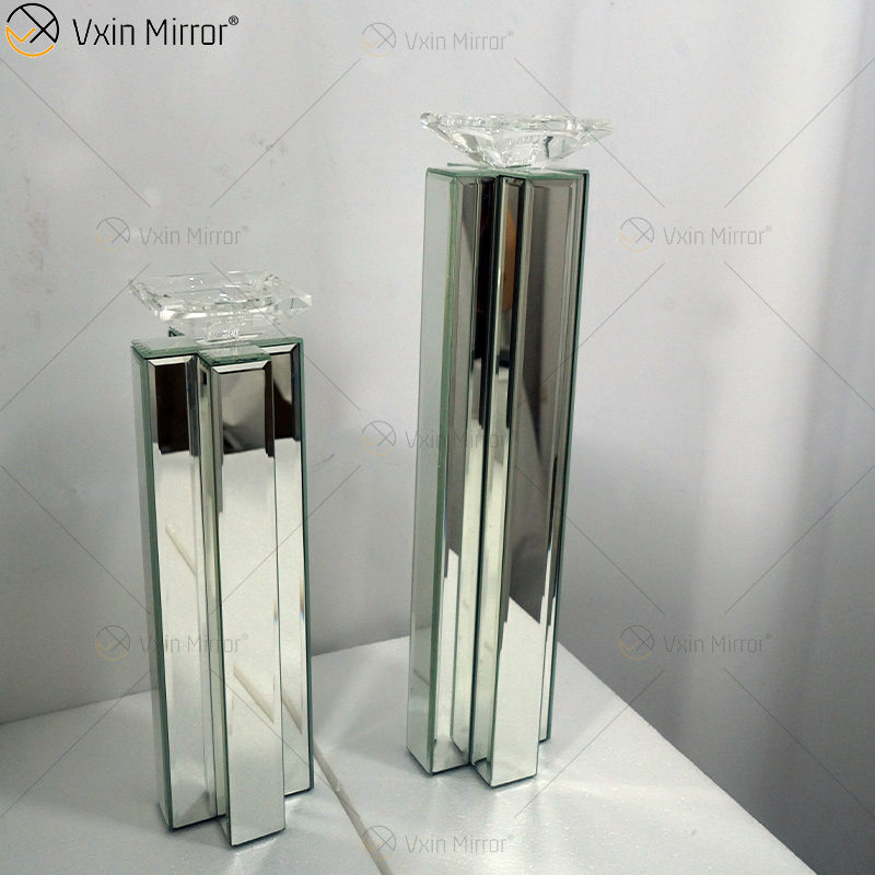 2 ألوان حديثة أنيقة WXCH-079 حامل شمعة كريستال ميرور فضية لحفل الزفاف المنزلي