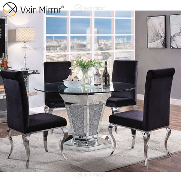 2020 تصميم جديد WXF-100 طاولة طعام فضية مستديرة من الماس المسحوق مع سطح طاولة زجاجي مقوى