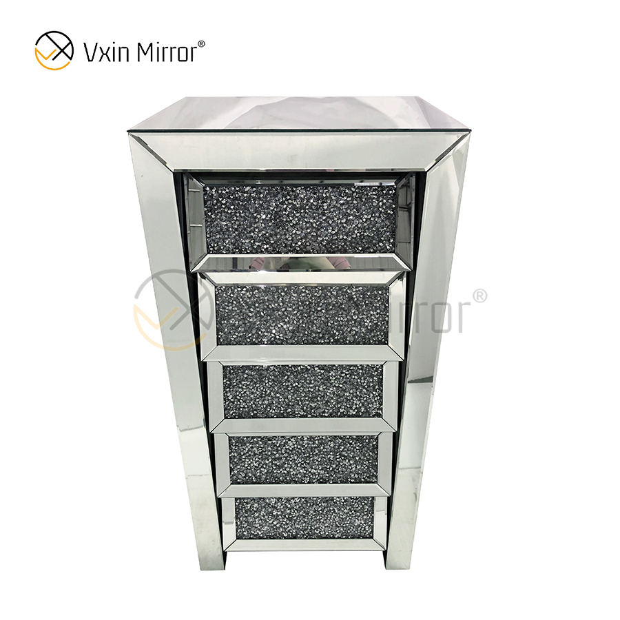 Vxin مرآة فضية مطحونة WXWF-707 Diamon منضدة مشطوفة طاولة بجانب السرير مع 5 أدراج وطاولة سرير معكوسة