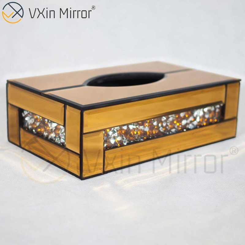 مرآة Vxin WXB-001 صندوق مناديل مرآة زجاجية فاخرة بنية اللون مكسو بالماس