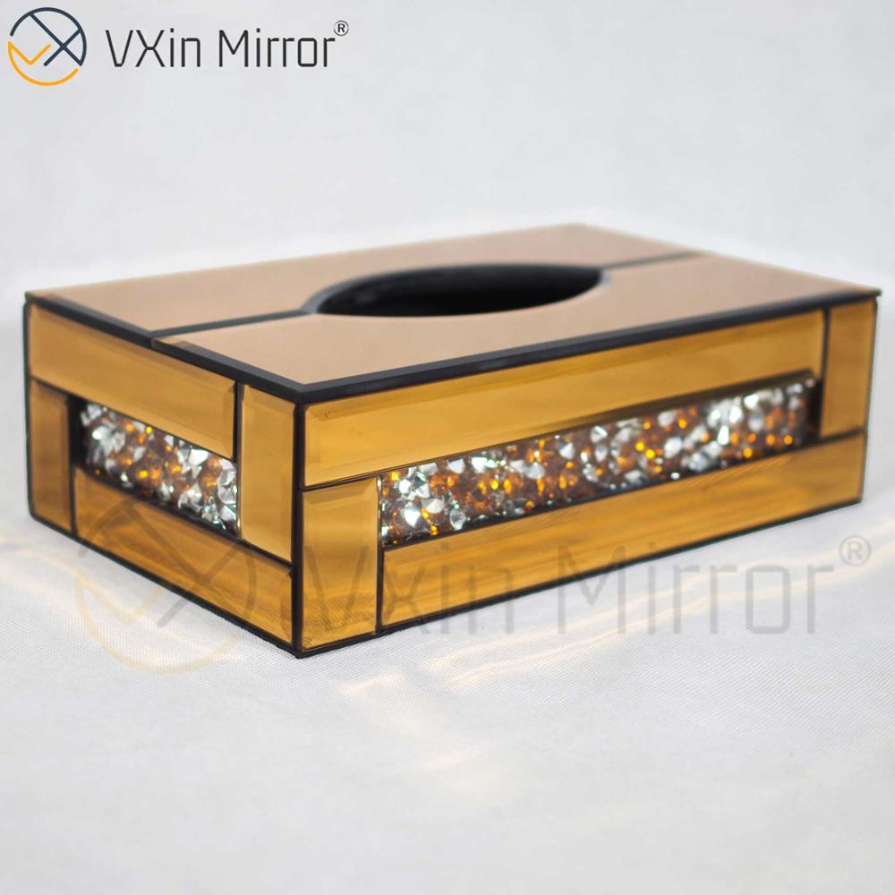 مرآة Vxin WXB-001 صندوق مناديل مرآة زجاجية فاخرة بنية اللون مكسو بالماس