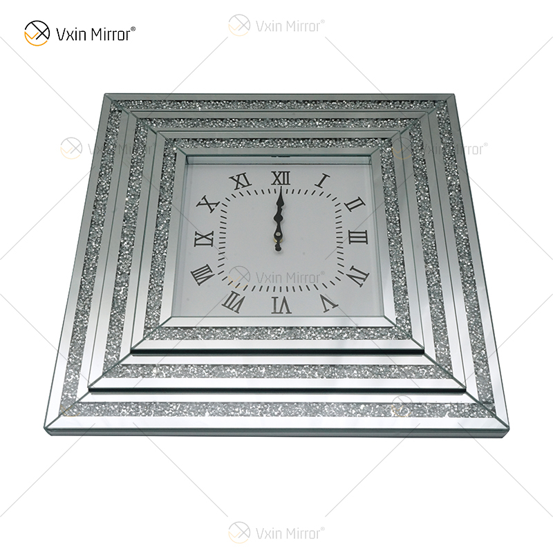 حار بيع ساعة معكوسة WXMC-078 سحق الماس الفضة ديكور الحائط ساعة أنيقة مربعة