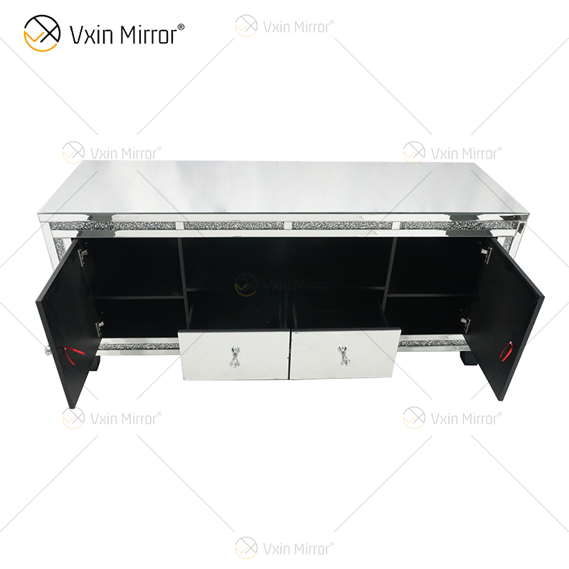 Vxin Mirror Furniture سحق الماس الفضي تلفزيون خزانة حامل تلفزيون بمرآة مع درجين
