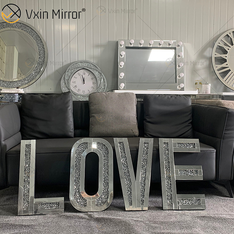 الفضة المكسرة الكريستال الماس رسائل مرآة الحائط معلقة عيد الميلاد مرآة الحب الديكور مرآة جدار الفن لأثاث أريكة