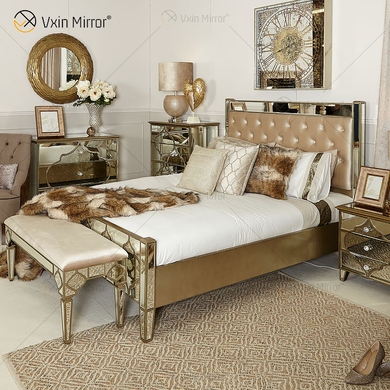 Vxin Antique Furniture WXWF-1088 King Bed Grace Golden Frame Mirrored Super Bed