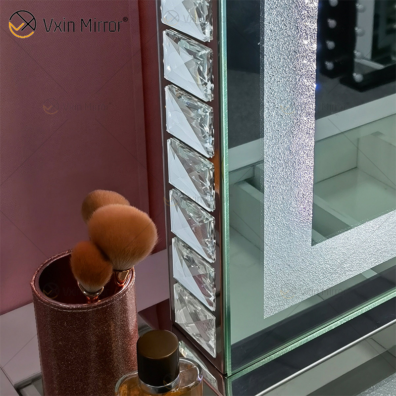 Vanity Hollywood LED with Bluetooth WXDL-1208 Crystal Sand Table Top بيضاوي الديكور مرآة ماكياج لمجموعات غرف النوم