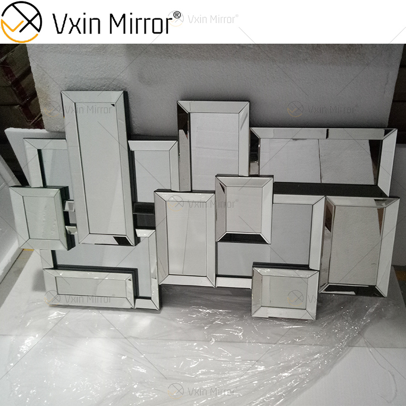 توريد مصنع 3d مرآة الحائط ملصقا تصميم WXM-1129 الفضة يتوهم الجدار خلع الملابس مرآة خشبية