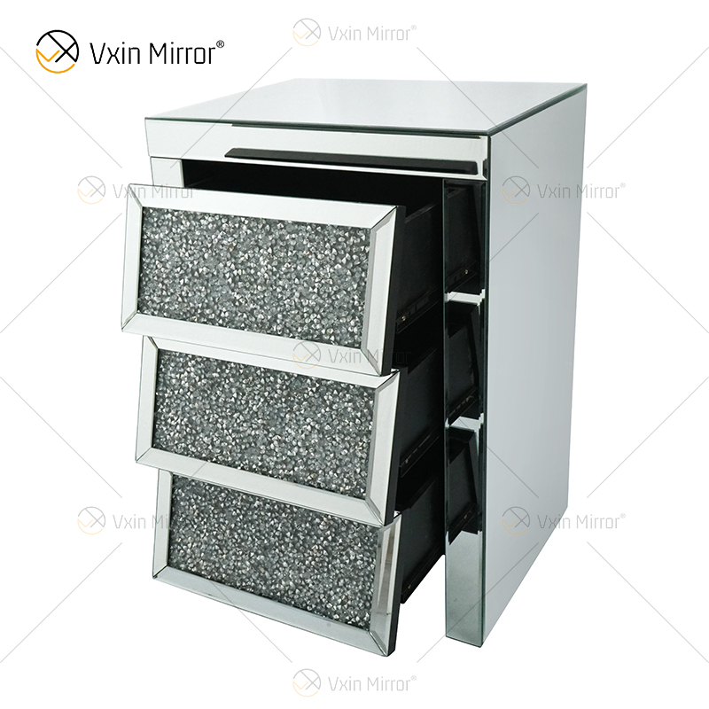 Vxin Mirror WXF-116 فضية كريستال منضدة جانبية مشطوفة بمرآة مع 3 أدراج لغرفة النوم