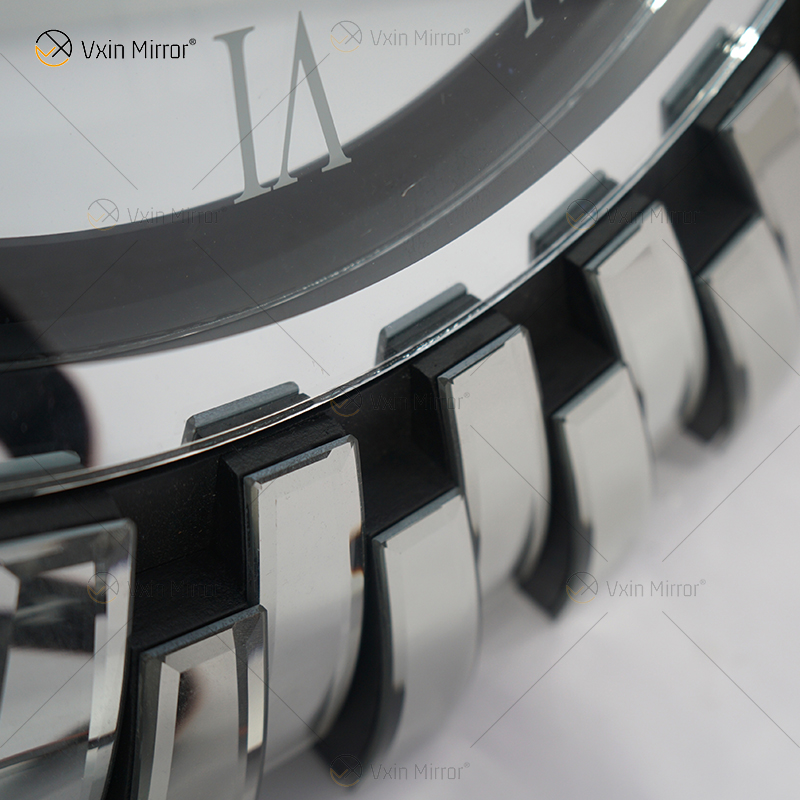 ساعة معكوسة WXMC-084 منحنية زجاجية فضية ديكور حائط ثلاثية الأبعاد على مدار الساعة