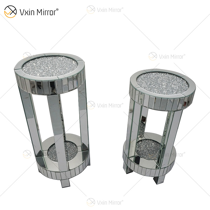 رخيصة WXF-095 تصميم جديد الحديثة طاولة جانبية مستديرة غرفة المعيشة الفضة سحق الماس الفاخرة مرآة جانبية الجدول