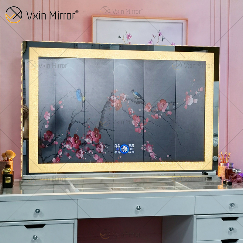Vanity Hollywood LED with Bluetooth WXDL-1208 Crystal Sand Table Top بيضاوي الديكور مرآة ماكياج لمجموعات غرف النوم