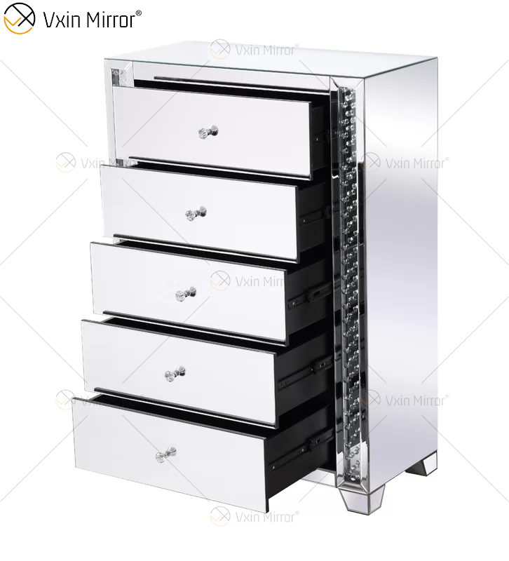 Vxin Crystal Decor WXF-746 طاولة سرير كريستال تالبوي فضية مع خمسة أدراج لغرفة النوم