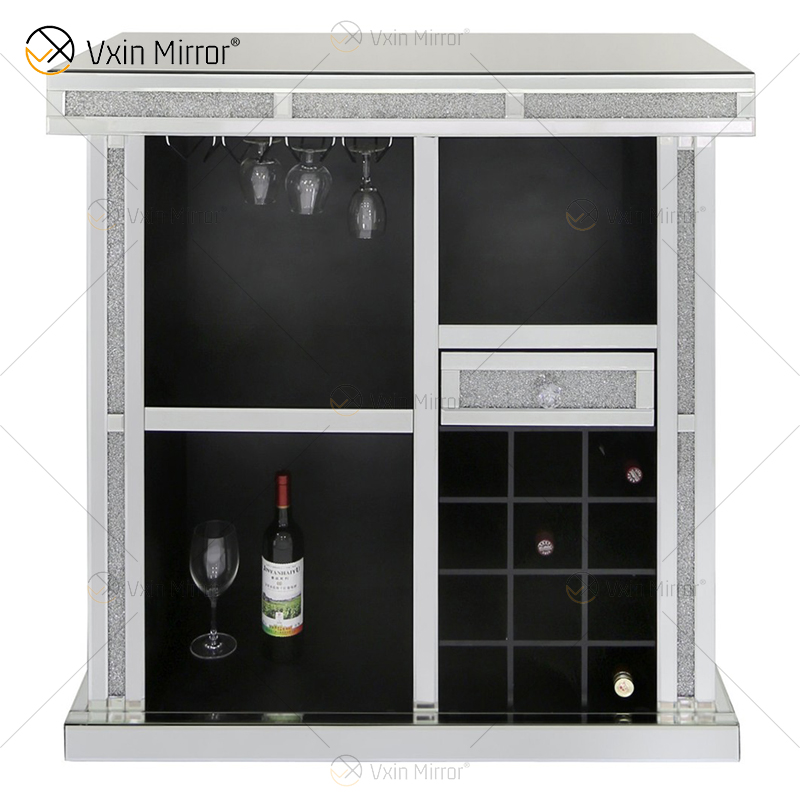 Vxin Home Decor WXF-142 خزانة نبيذ طويلة فضية مرصعة بالماس المكسر مع أدراج واحدة