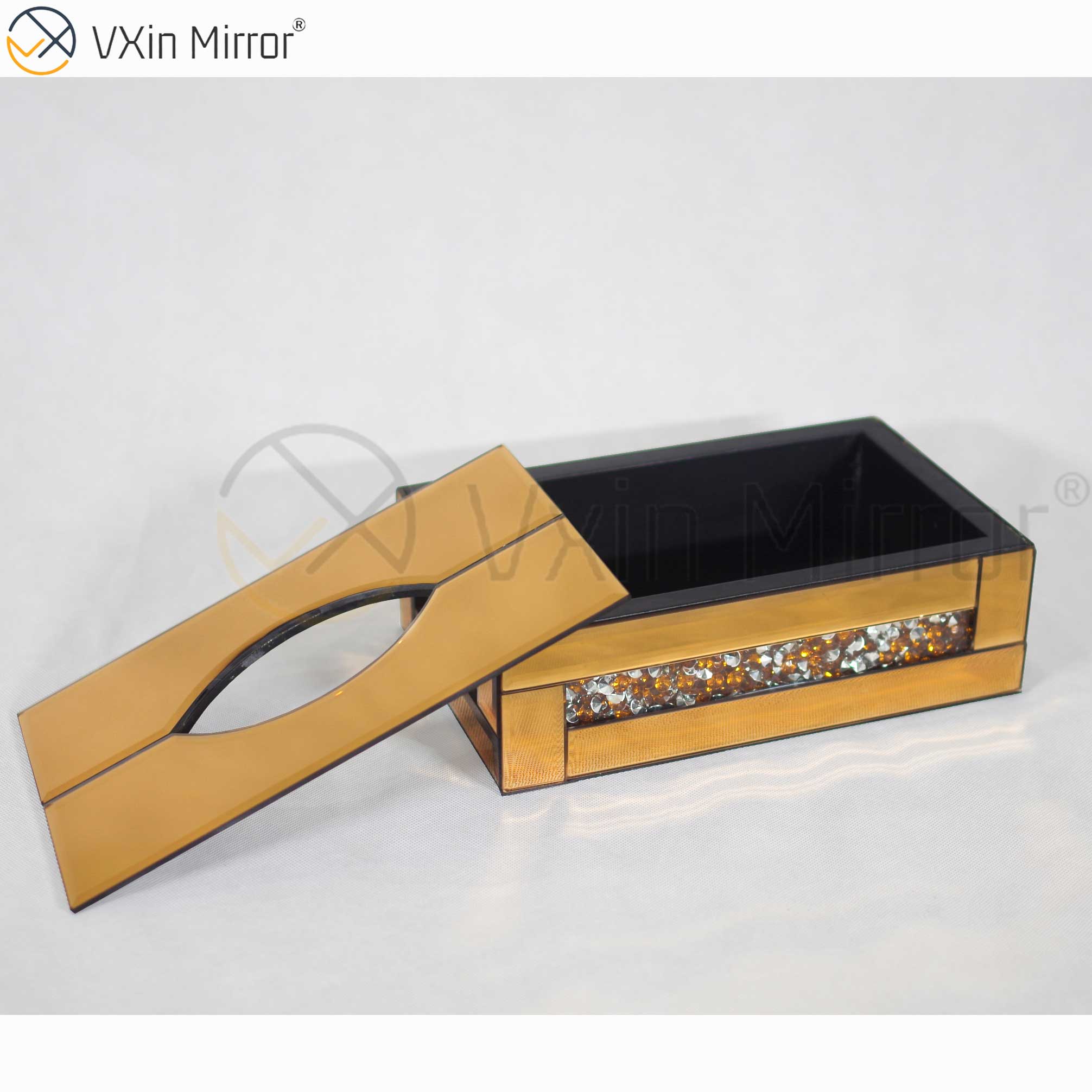 مرآة Vxin WXB-001 صندوق مناديل مرآة زجاجية فاخرة بنية اللون مكسو بالماس