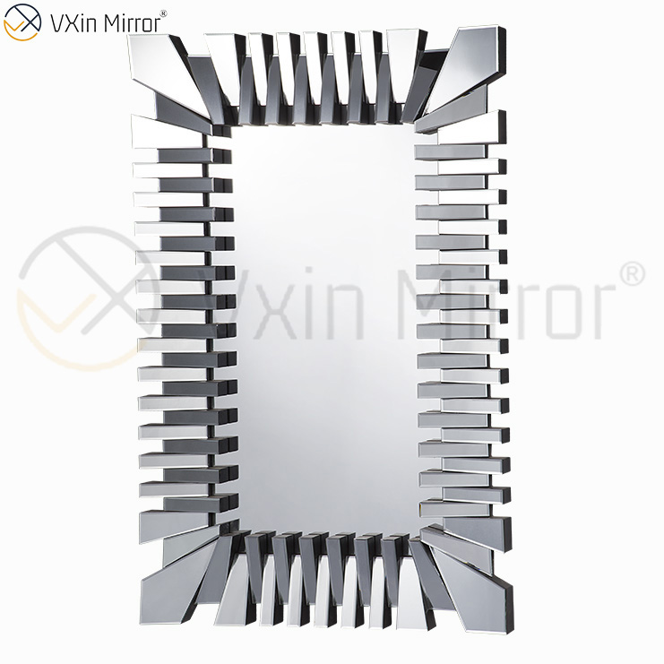 Starburst كبير كامل الطول فضي أنيق ثلاثية الأبعاد مستطيلة حديثة لغرفة المعيشة وغرفة النوم مرآة حائط WXM-1041