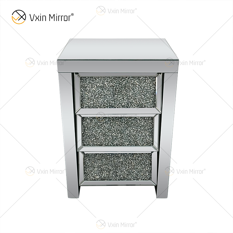 Vxin Mirror WXF-116 فضية كريستال منضدة جانبية مشطوفة بمرآة مع 3 أدراج لغرفة النوم