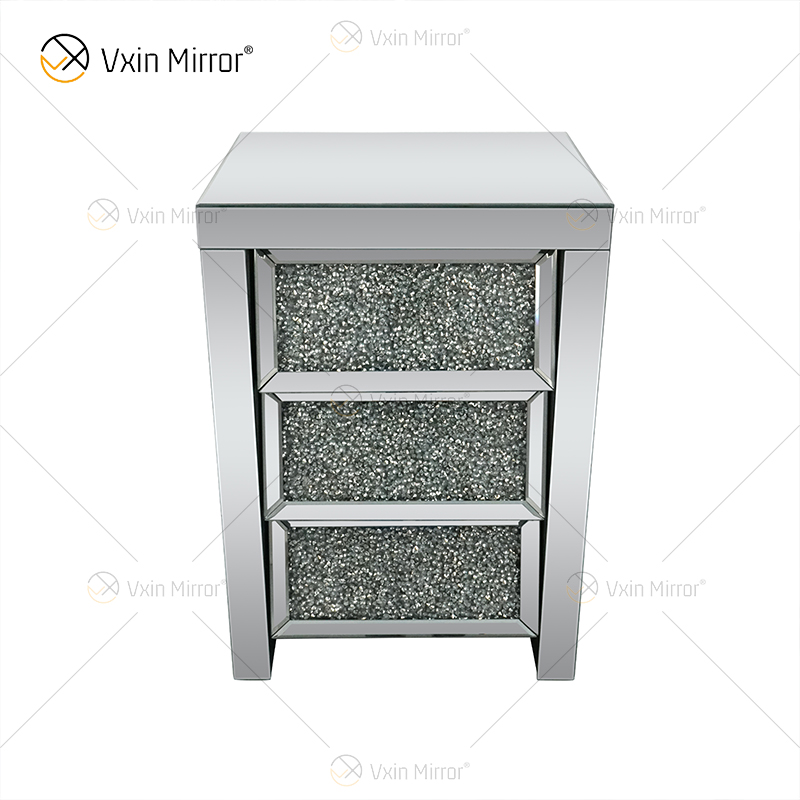 Vxin Mirror WXF-116 فضية كريستال منضدة جانبية مشطوفة بمرآة مع 3 أدراج لغرفة النوم